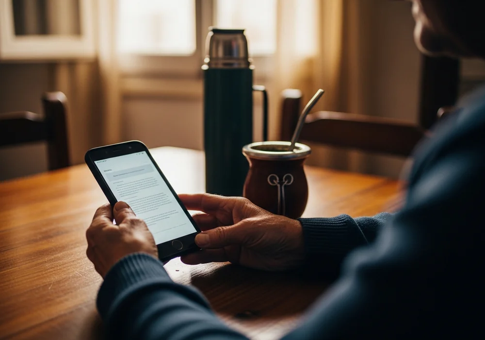La guía Sin Vueltas abierta en el celular, sobre la mesa con un mate